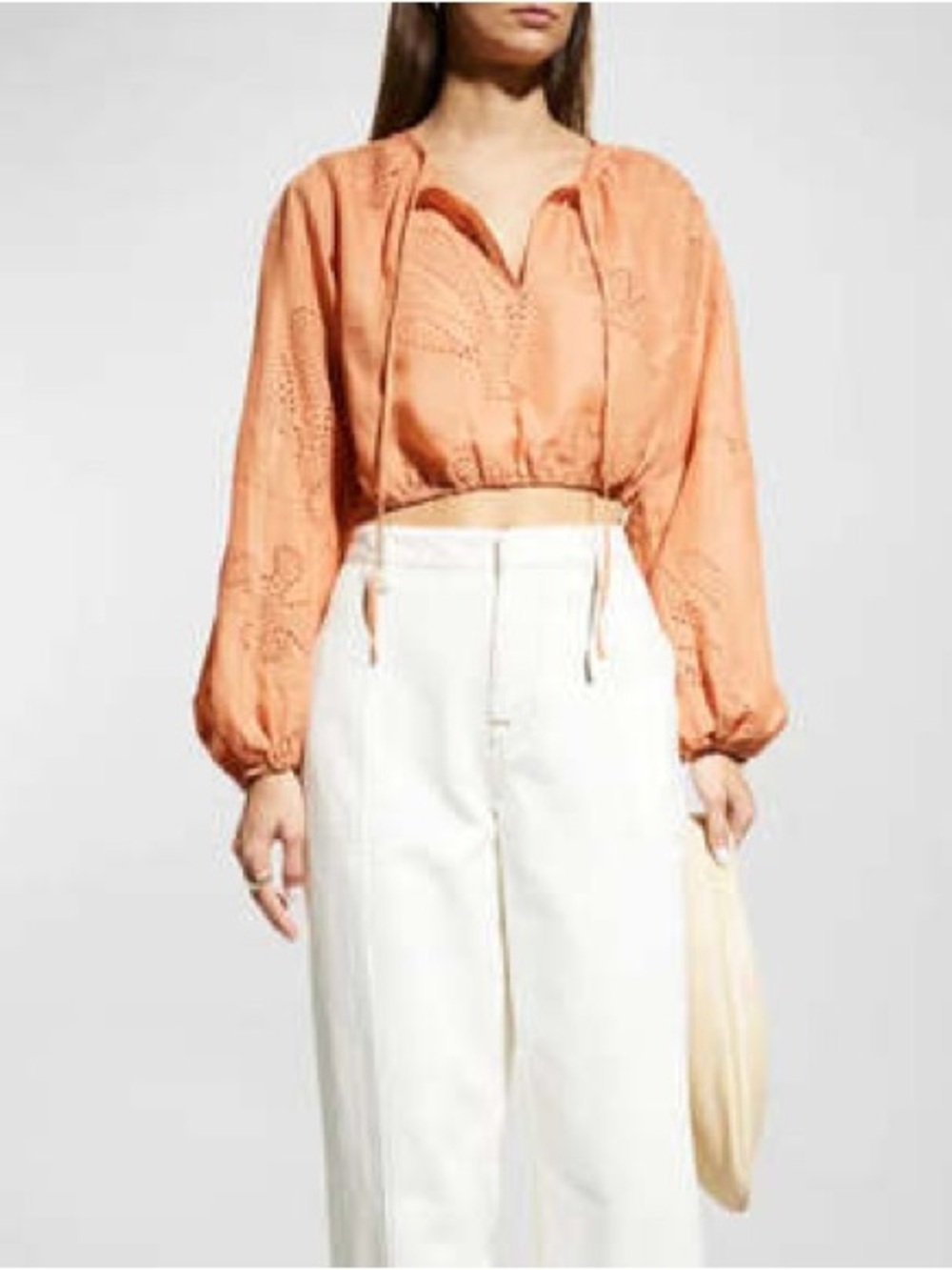Frame Denim Peach Embroidered Cropped Peasant Top
